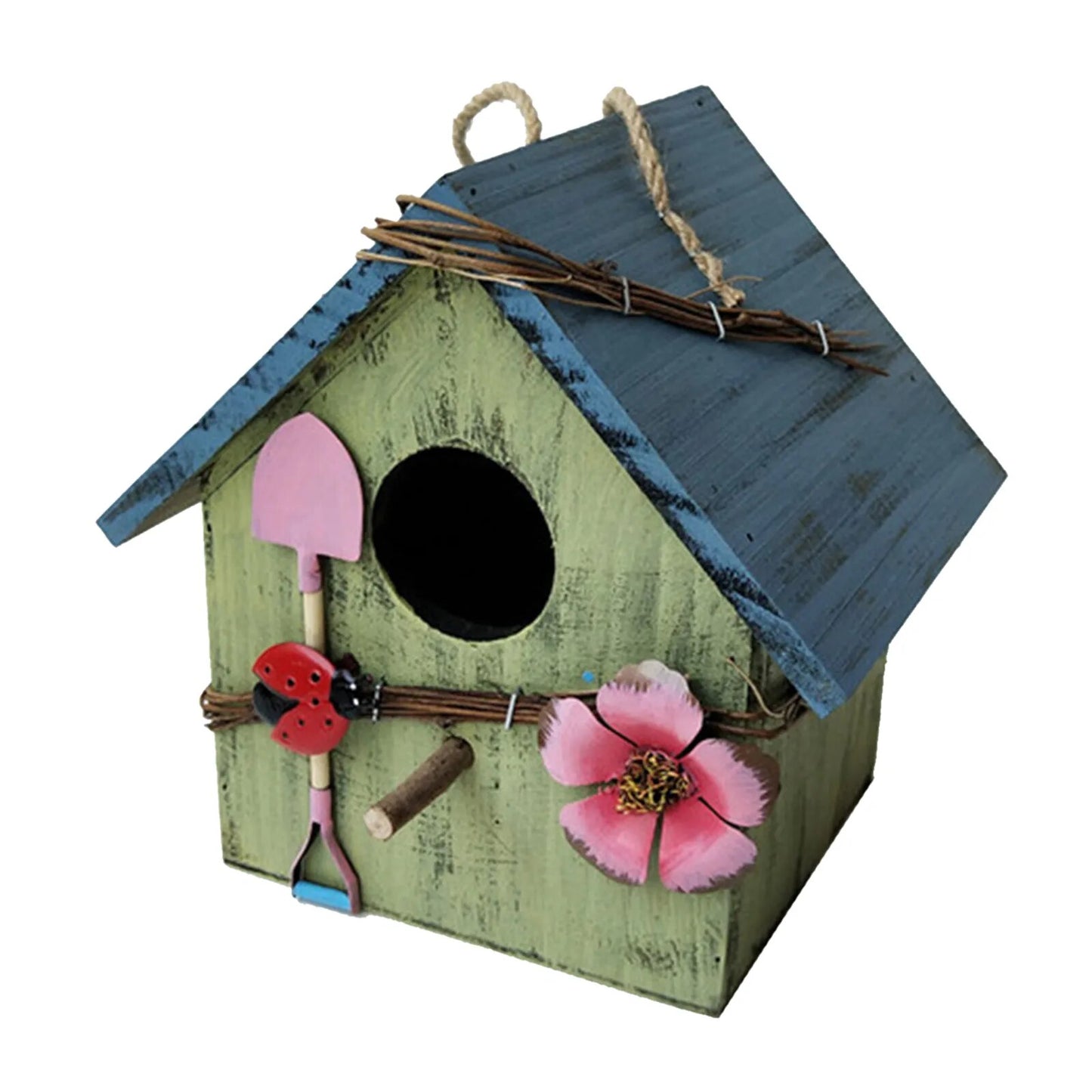 Hand-Painted Hanging Wooden Bird House: Charming Garden Decor