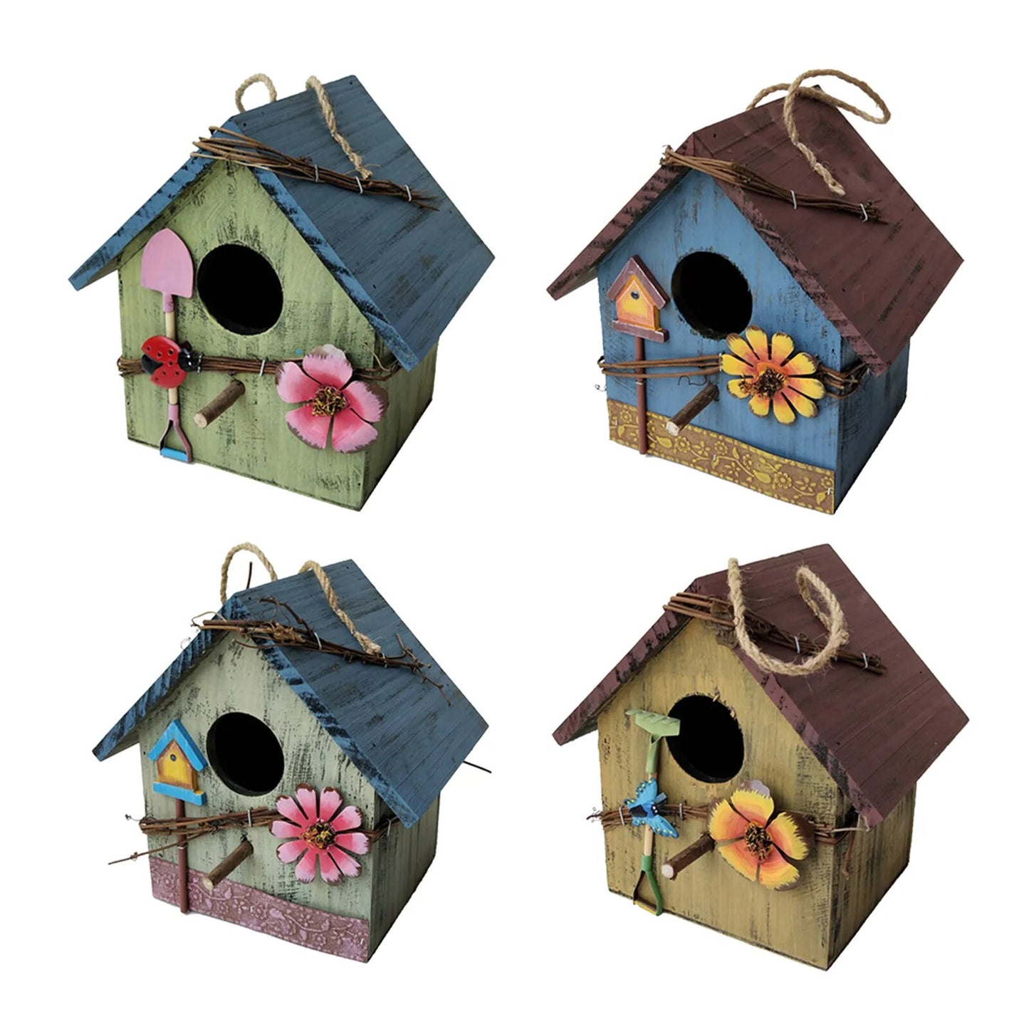 Hand-Painted Hanging Wooden Bird House: Charming Garden Decor