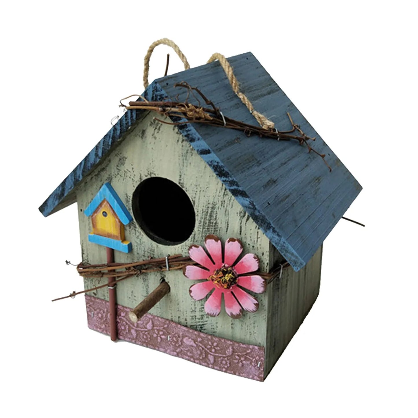 Hand-Painted Hanging Wooden Bird House: Charming Garden Decor