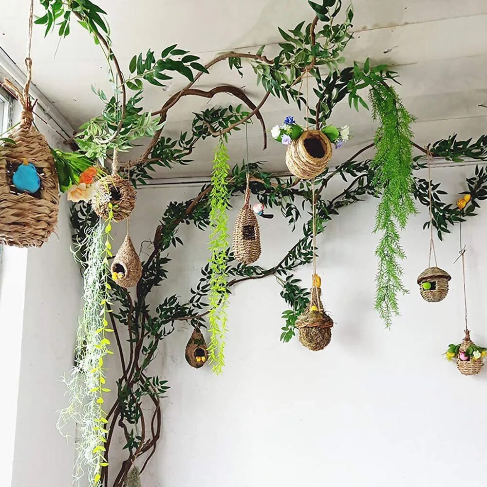 Nature's Swing: Whimsical Hanging Birdhouse - A Straw-Rope Sanctuary for Feathered Friends!