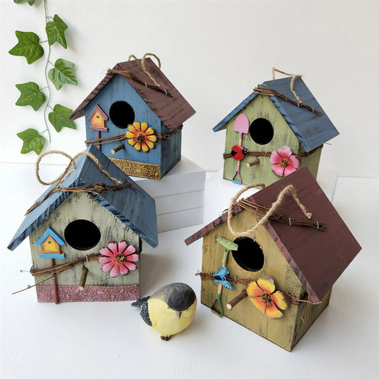 Hand-Painted Hanging Wooden Bird House: Charming Garden Decor